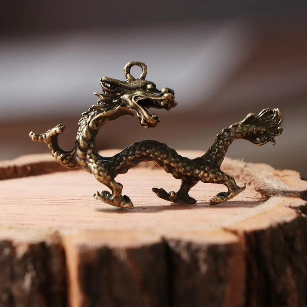 Mini Antique Zodiac Dragon Statue Carved Solid Dragon Keychain Pendant Handmade Mythical Animal Ornaments Home Decor