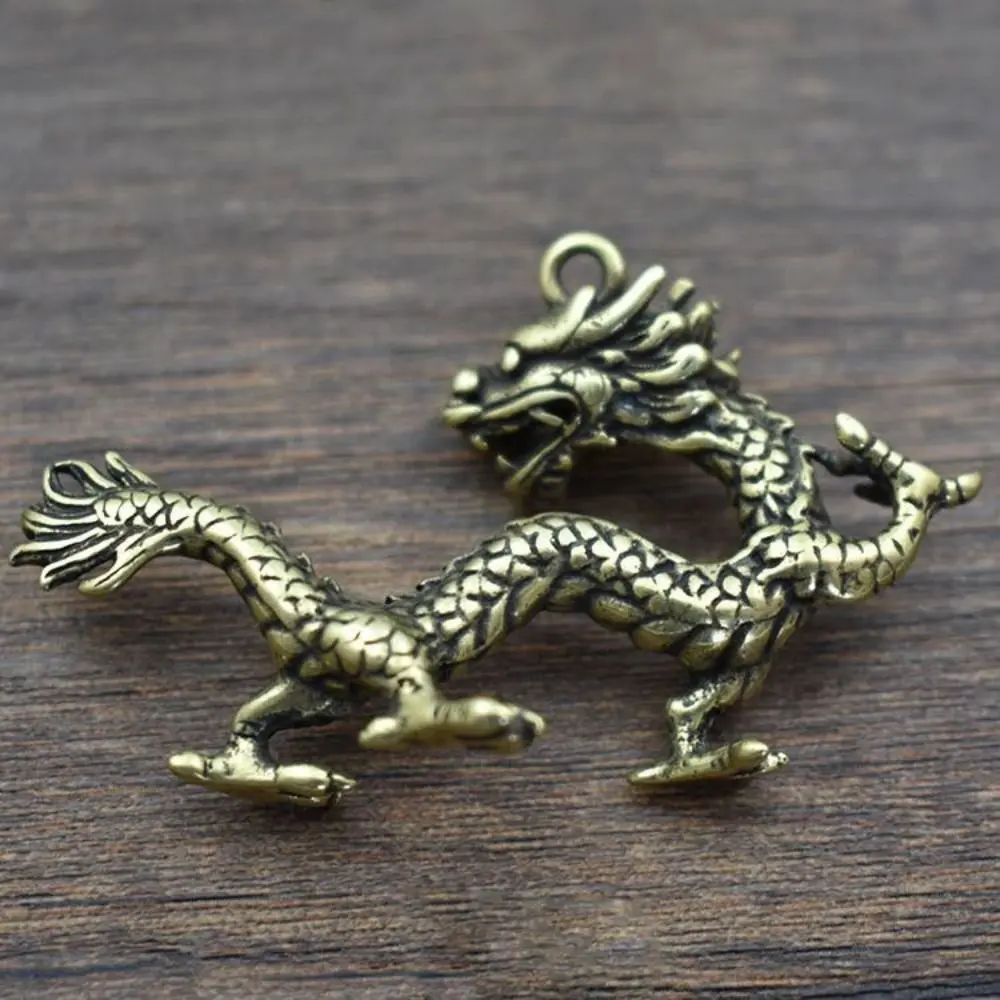Mini Antique Zodiac Dragon Statue Carved Solid Dragon Keychain Pendant Handmade Mythical Animal Ornaments Home Decor