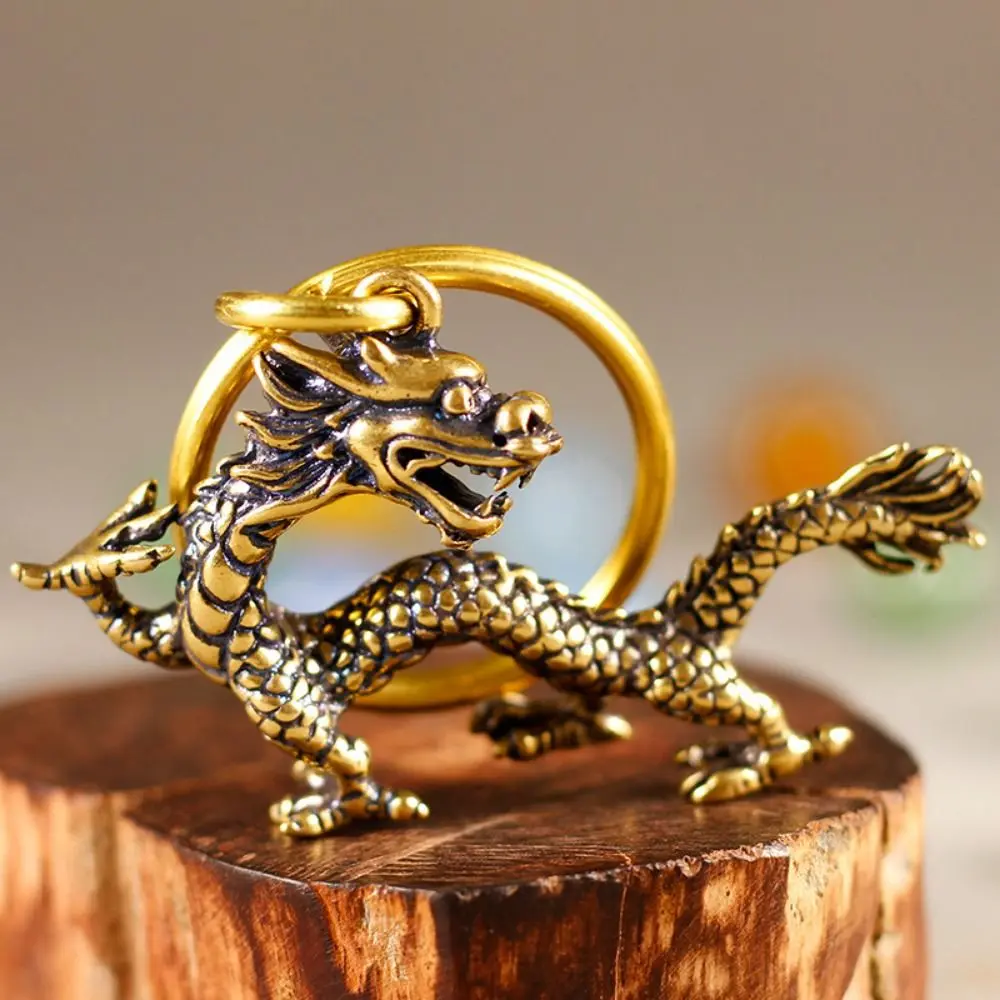 Mini Antique Zodiac Dragon Statue Carved Solid Dragon Keychain Pendant Handmade Mythical Animal Ornaments Home Decor