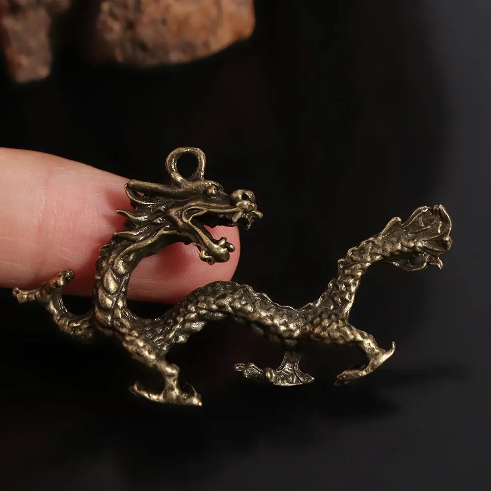 Mini Antique Zodiac Dragon Statue Carved Solid Dragon Keychain Pendant Handmade Mythical Animal Ornaments Home Decor