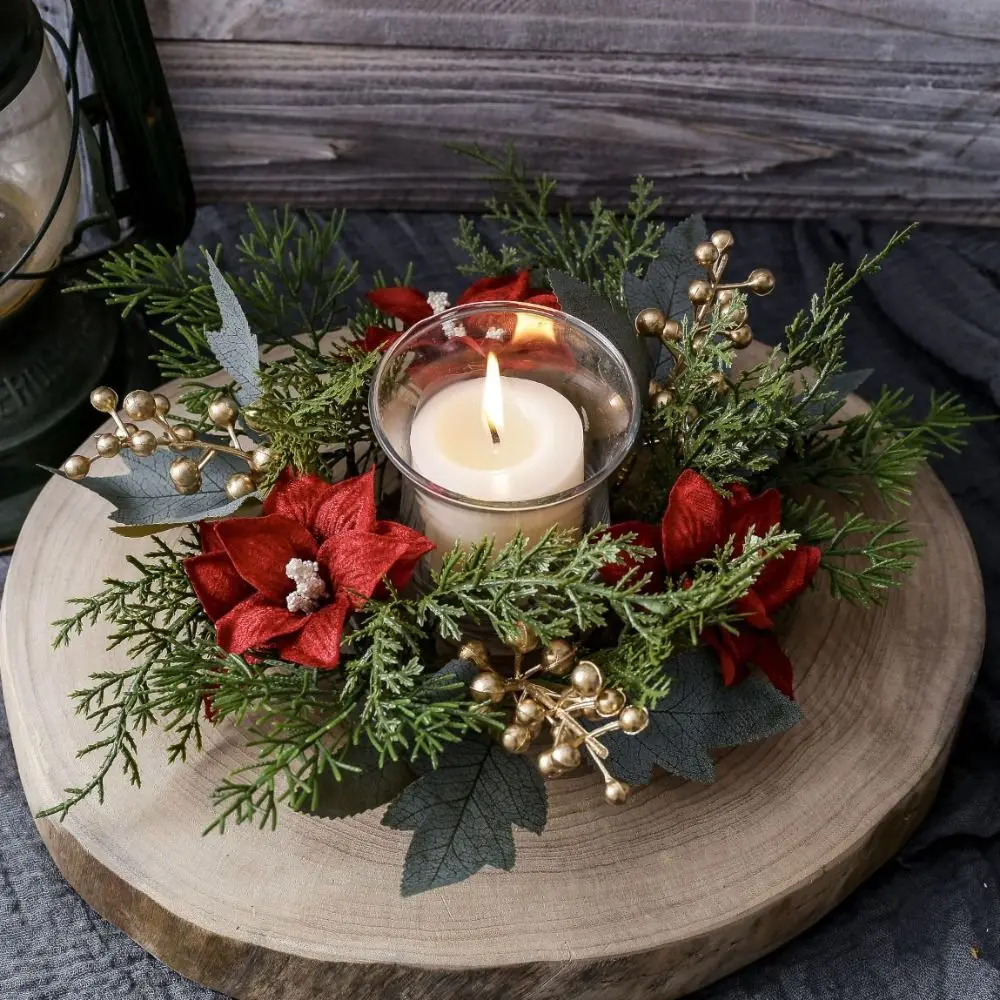Artificial Flower Candle Wreath Romantic 25CM Candle Rings Party Supplies Green Leaf Candlestick Wreath Christmas Decor