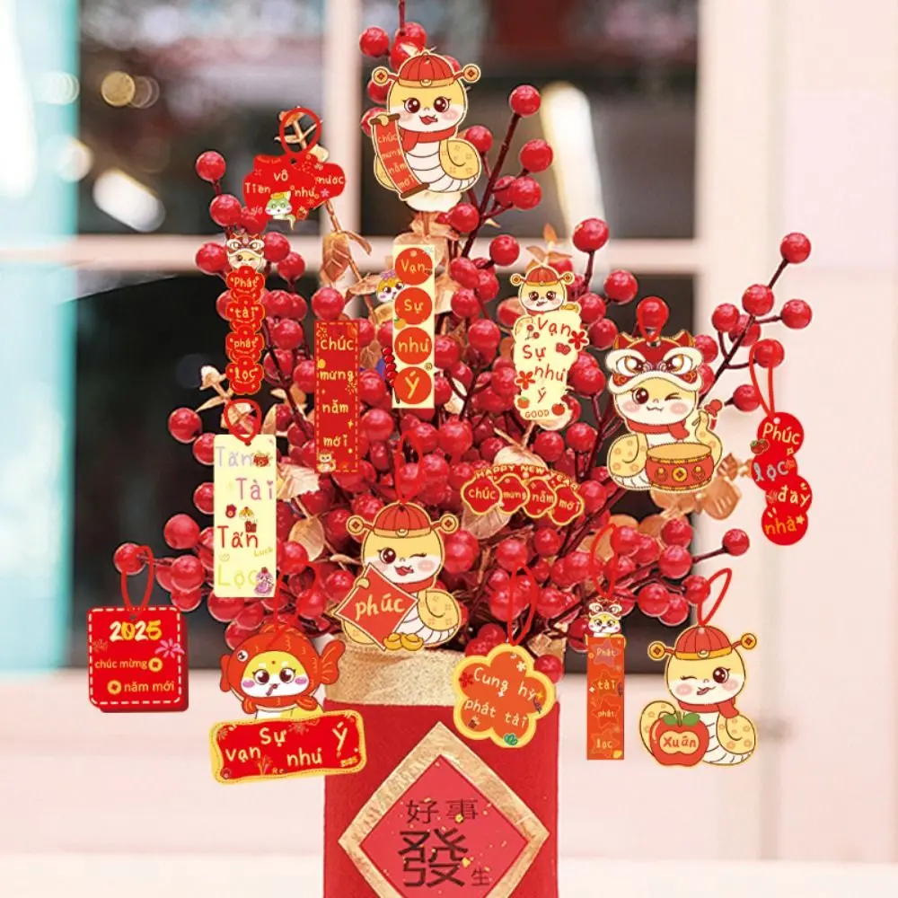18Pcs Hot Stamped Chinese New Year Pendant Blessing Words Paper Bonsai Tree Pendant Chinese Traditional Snake Year Hanging Card