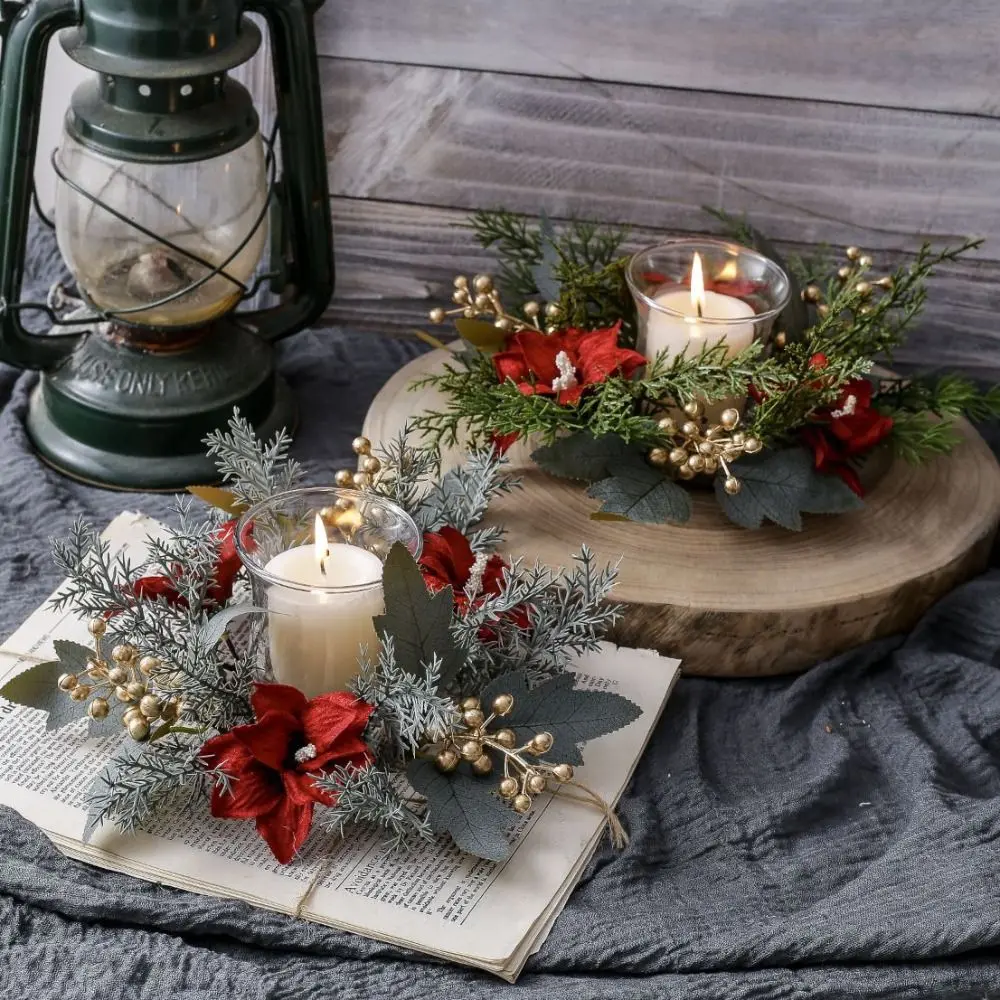 Artificial Flower Candle Wreath Romantic 25CM Candle Rings Party Supplies Green Leaf Candlestick Wreath Christmas Decor