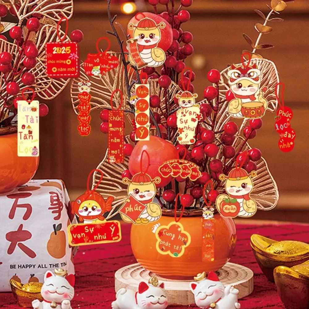 18Pcs Hot Stamped Chinese New Year Pendant Blessing Words Paper Bonsai Tree Pendant Chinese Traditional Snake Year Hanging Card