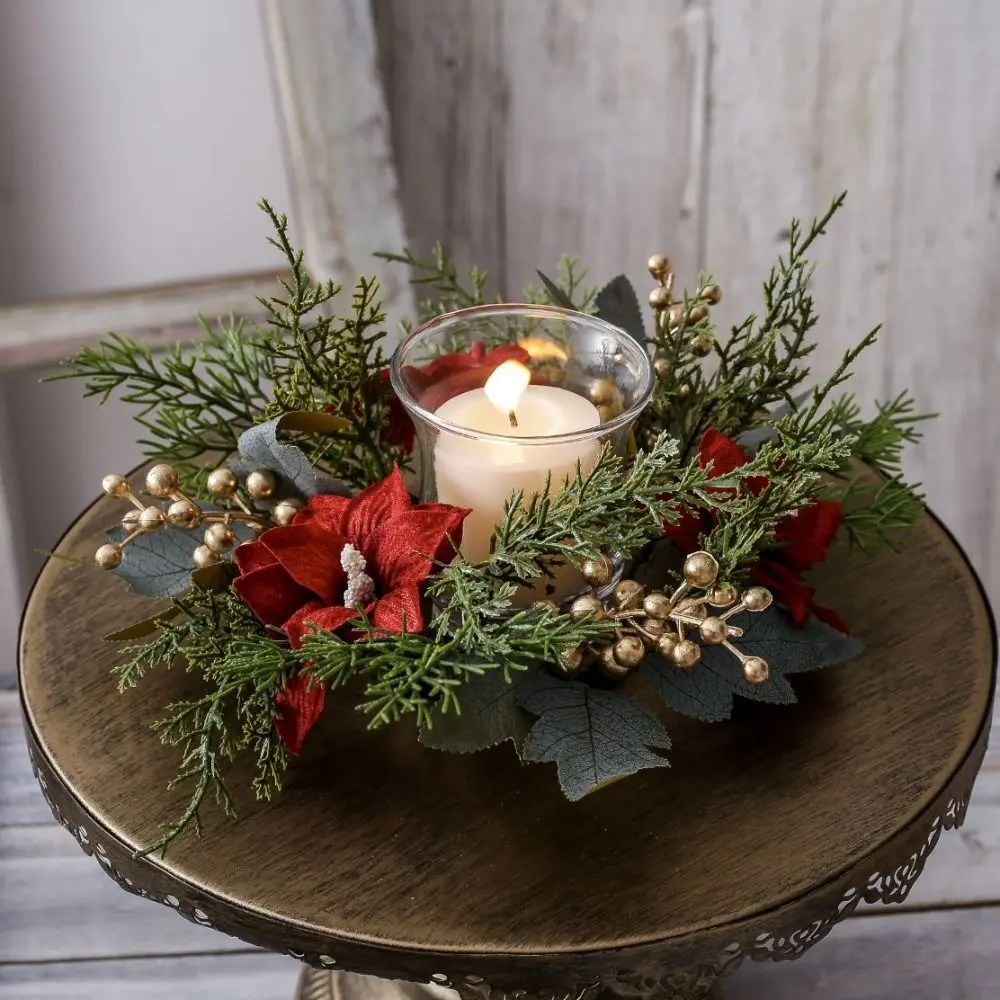 Artificial Flower Candle Wreath Romantic 25CM Candle Rings Party Supplies Green Leaf Candlestick Wreath Christmas Decor