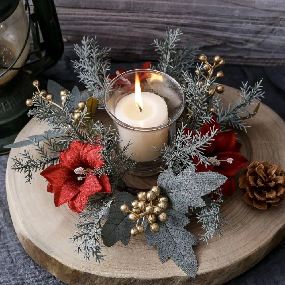 Artificial Flower Candle Wreath Romantic 25CM Candle Rings Party Supplies Green Leaf Candlestick Wreath Christmas Decor