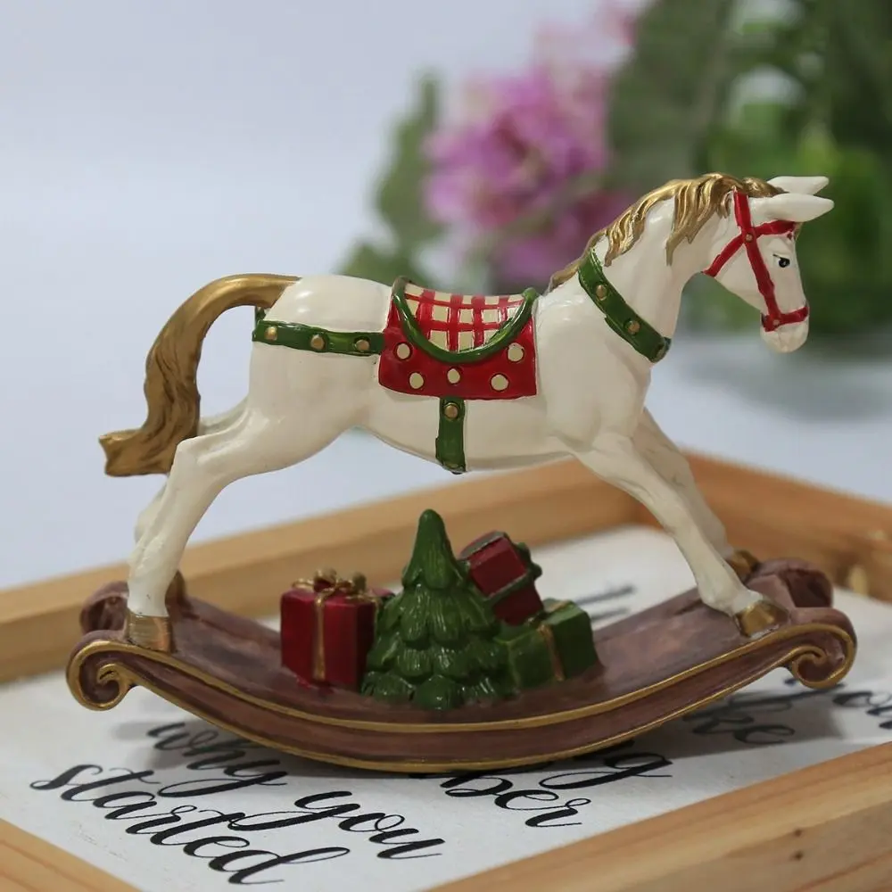 Durable Handmade Christmas Rocking Horse Painting Cute Resin Horse Statue Cartoon Horse Figurine Christmas Gift