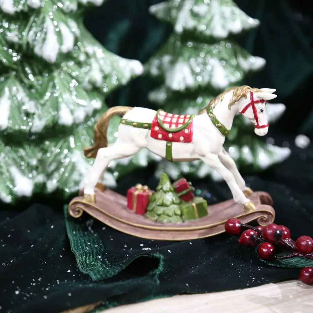 Durable Handmade Christmas Rocking Horse Painting Cute Resin Horse Statue Cartoon Horse Figurine Christmas Gift