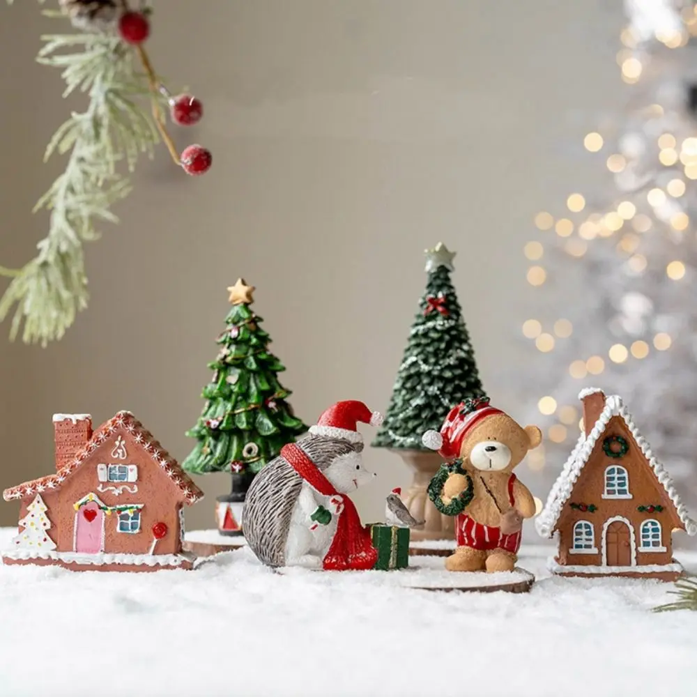 Navidad Resin Crafts Christmas Tree Statues Handmade Festival Mini House Figurine Cute Desktop Ornament Christmas Decoration