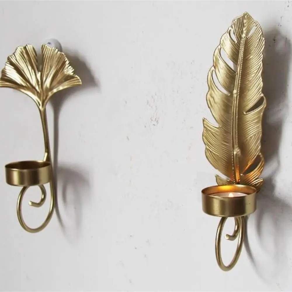 Nordic Style Leaf Candlestick Holder Iron Art Gold Wall Hanging Candle Stand Handmade Metal Candlestick Holder Wedding Table