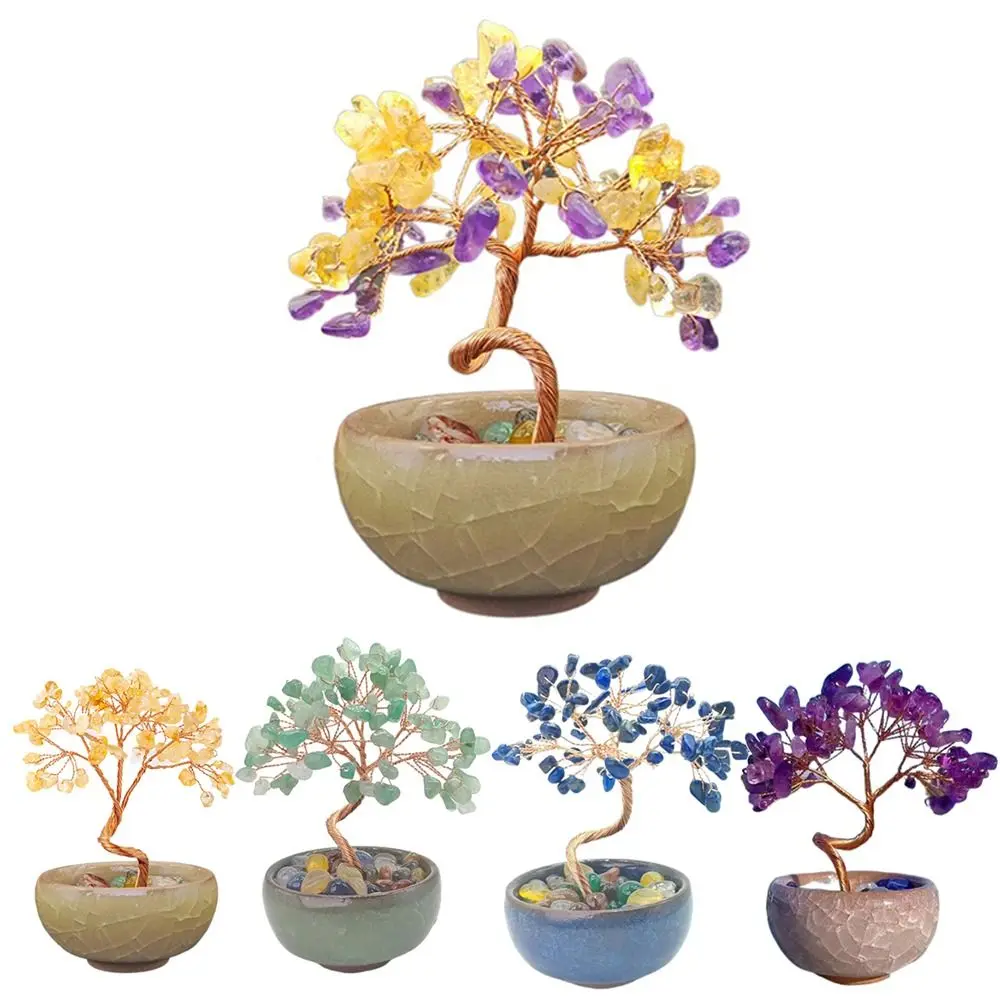 Ceramics Base Natural Crystal Tree Copper Wire Positive Energy Luck Figurine Spiritual Tabletop Adornment