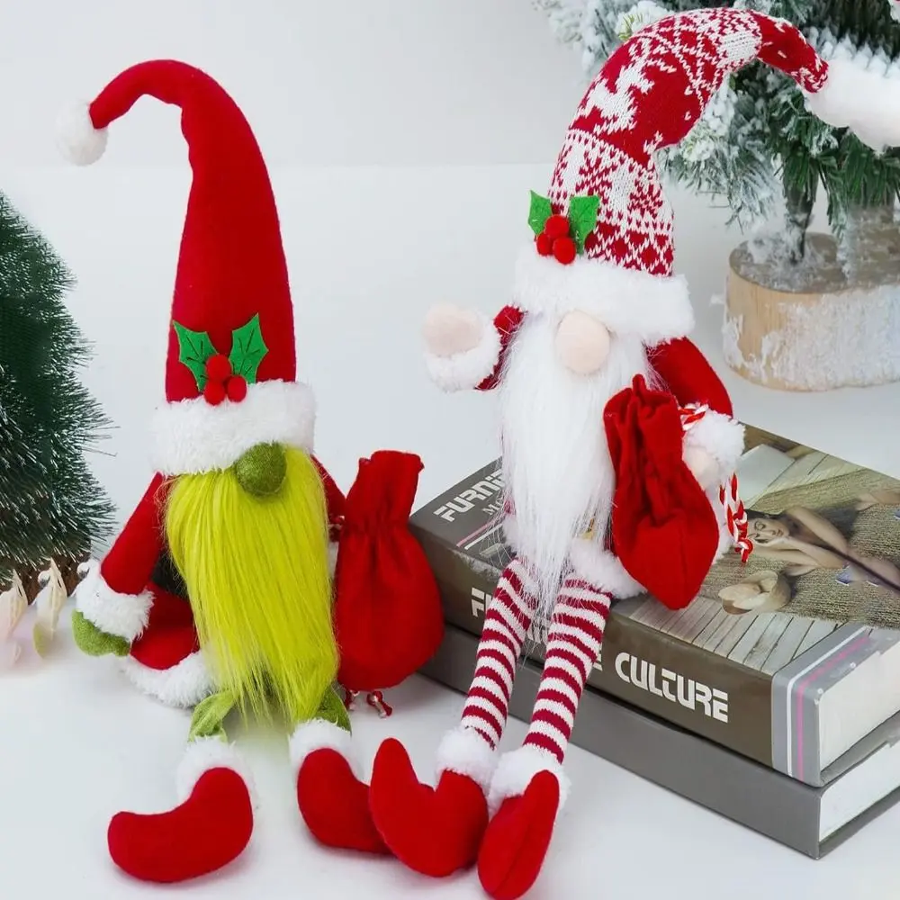 Plush Christmas Faceless Dwarf Doll with Full Beard Sitting Long-legged Cartoon Gnomes Old Man Ornament Handmade Exquisite