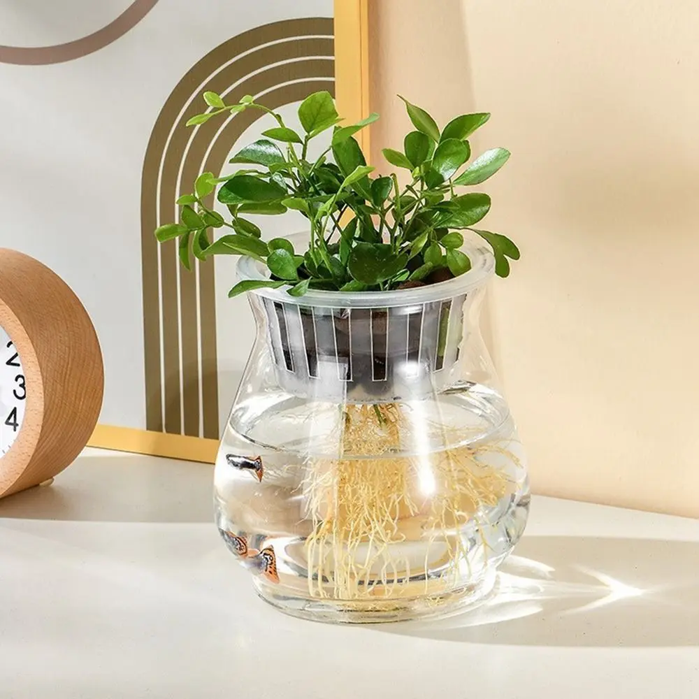Mini Fish Tank Self Watering Hydroponic Flower Pot Plastic Transparent Aquatic Plant Container Floor-standing Simple Home Decor