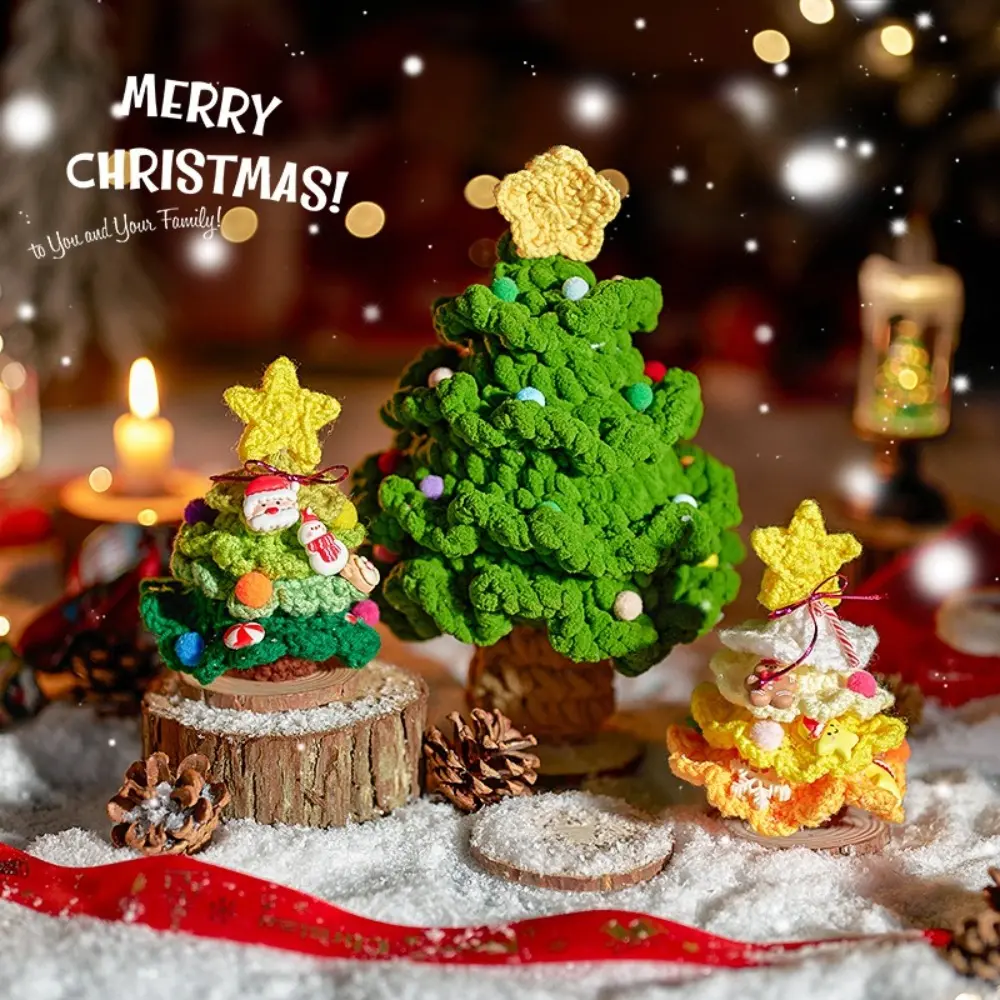 Mini Hand Woven Christmas Tree Tabletop Ornament Crochet Christmas Tree Decor Finished Cartoon Christmas Tree Potted