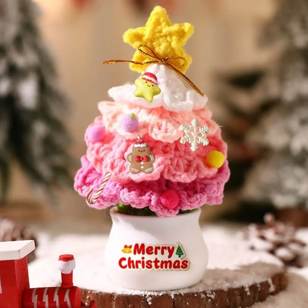 Mini Hand Woven Christmas Tree Tabletop Ornament Crochet Christmas Tree Decor Finished Cartoon Christmas Tree Potted