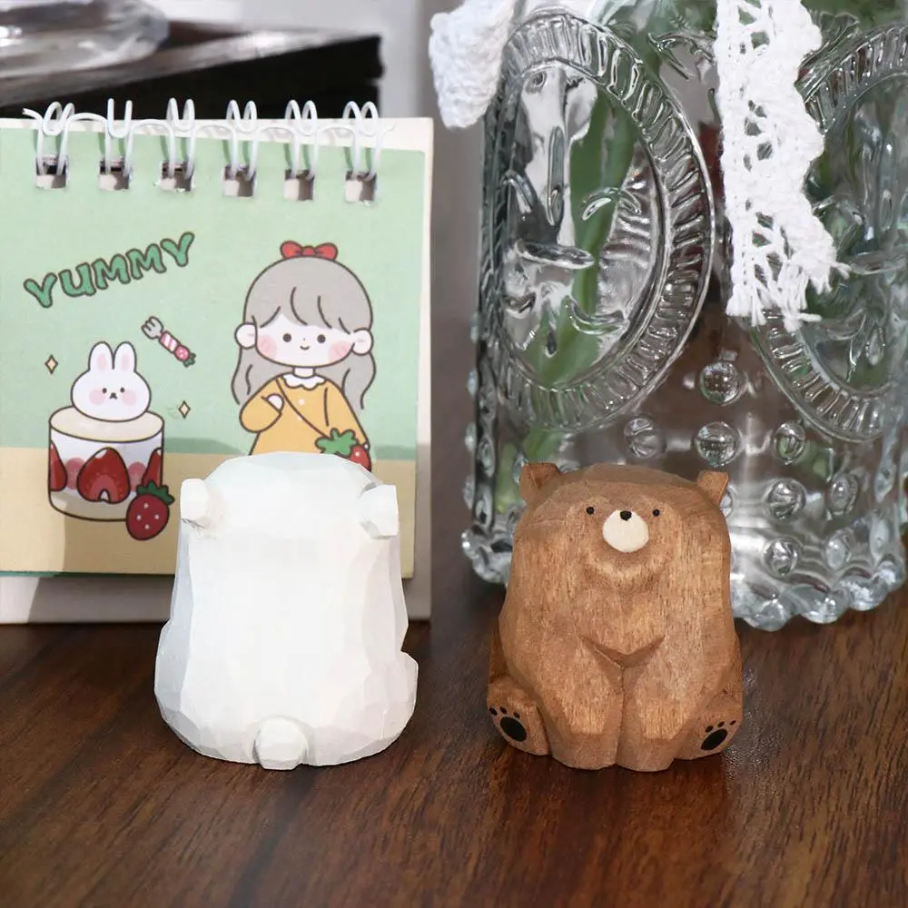 Kids Gifts Solid Wood Wooden Bear Figurines Cute Realistic Polar Bear Ornament Hand Carved Miniature Mini Bear Statue Balcony