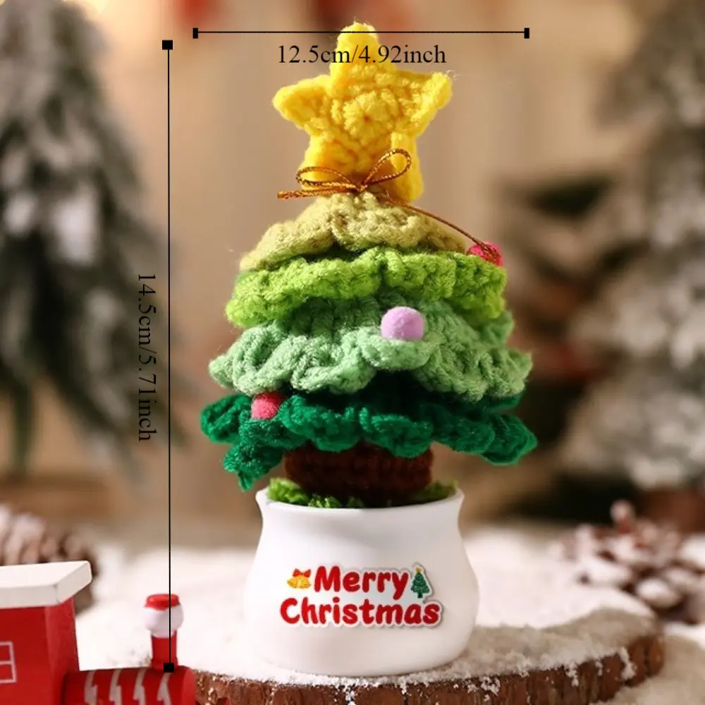 Mini Hand Woven Christmas Tree Tabletop Ornament Crochet Christmas Tree Decor Finished Cartoon Christmas Tree Potted