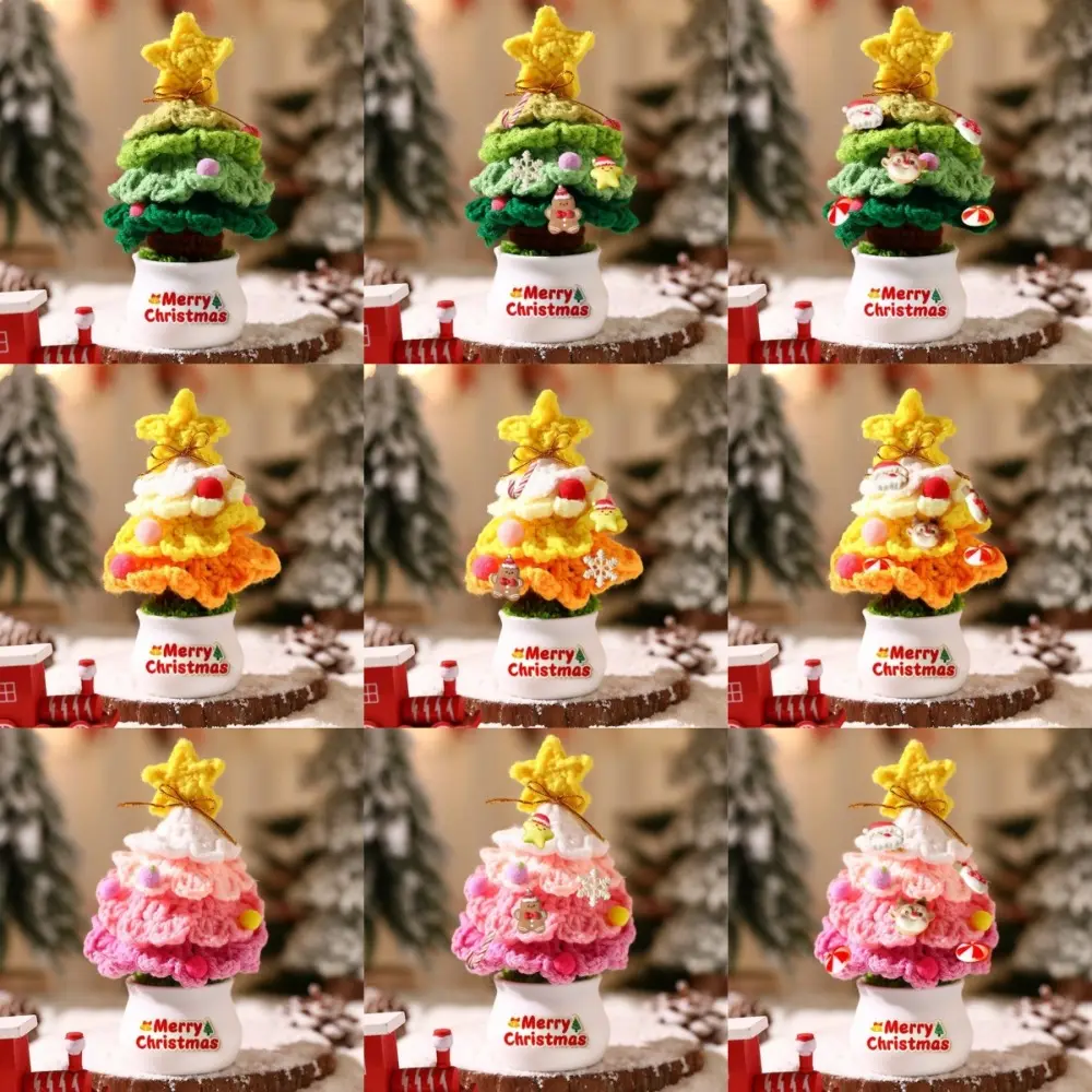 Mini Hand Woven Christmas Tree Tabletop Ornament Crochet Christmas Tree Decor Finished Cartoon Christmas Tree Potted