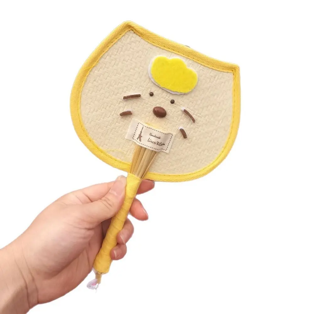 Cartoon Bear Handheld Fan Handmade Decorative Straw Woven Fans Cat/Bear/Pig Shape Multi-purpose Hand Cranked Fan Girl