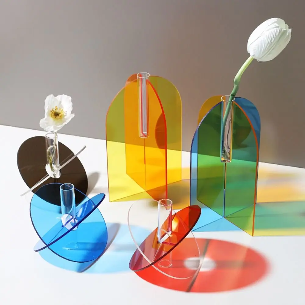 Flower Pot Rainbow Color Flower Vase INS Simple Geometric Acrylic Vase Modern Colorful Dried Flowers Container Home Decor