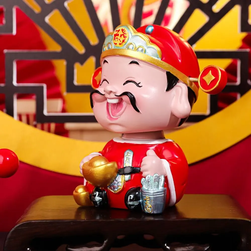 Cartoon Chinese God of Wealth Figurine Blessing Mini God of Fortune Figurine Resin Lucky New Year Statue Home Office Accessories