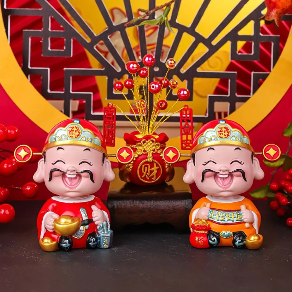 Cartoon Chinese God of Wealth Figurine Blessing Mini God of Fortune Figurine Resin Lucky New Year Statue Home Office Accessories