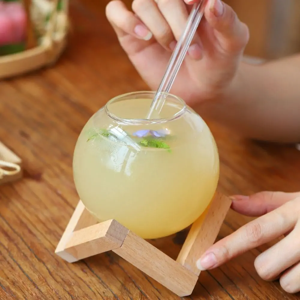 Moon Ronud Ball Shaped Spherical Cocktail Glass Cup with Wood Stand with Straw Drink Cup Transparent Coffee Cups Beverage