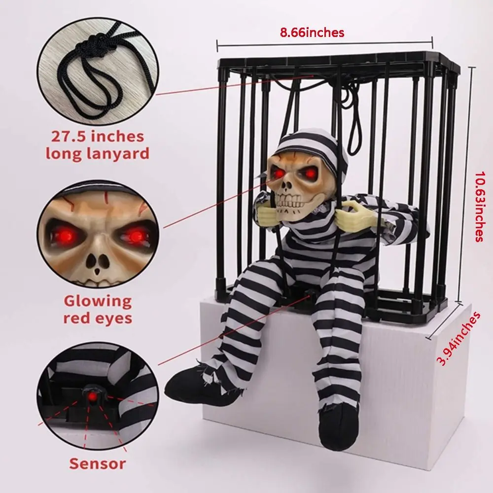 Plastic Halloween Talk Ghost with Cage Light Sensitive Flashing Light Sound Doll Movable Luminescent