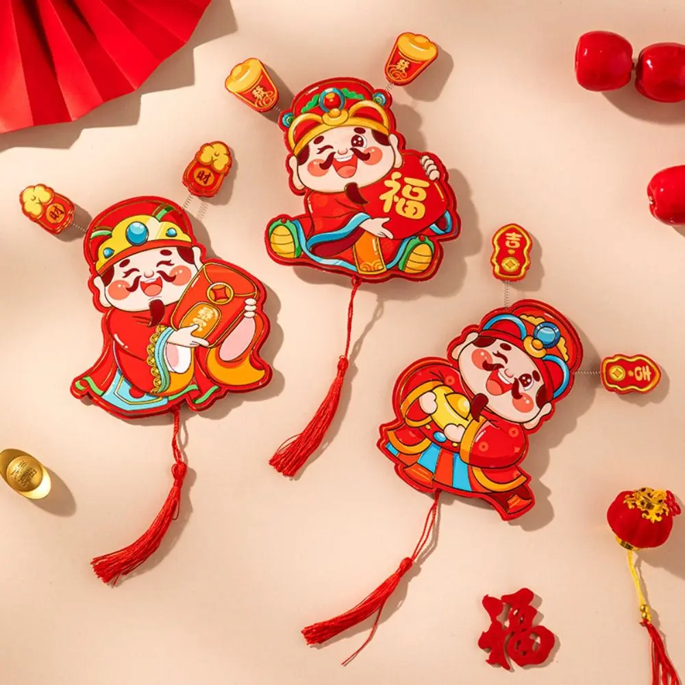 Chinese Style God of Wealth Fridge Magnets Festive Cartoon God of Wealth Hanging Ornament with Tassels Traditional