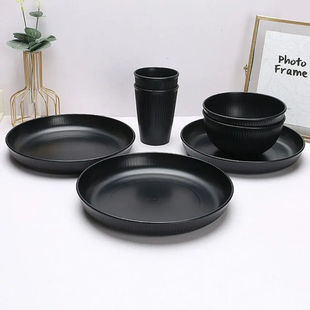 3pcs/set Eco-friendly Plastic Black Tableware Set Vertical Stripes Anti-fall Cutlery Set Plate/Bowl/Cup Party