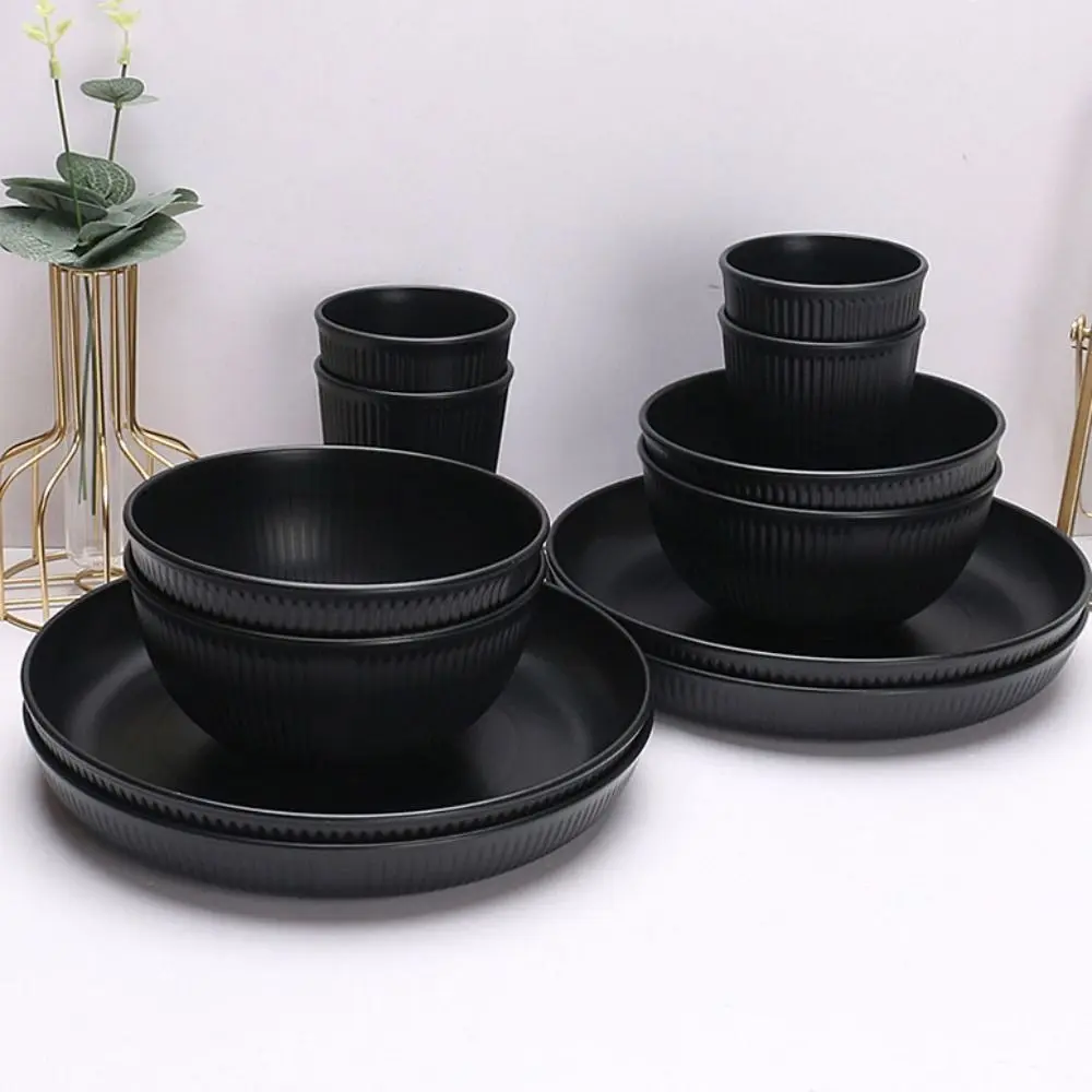 3pcs/set Eco-friendly Plastic Black Tableware Set Vertical Stripes Anti-fall Cutlery Set Plate/Bowl/Cup Party