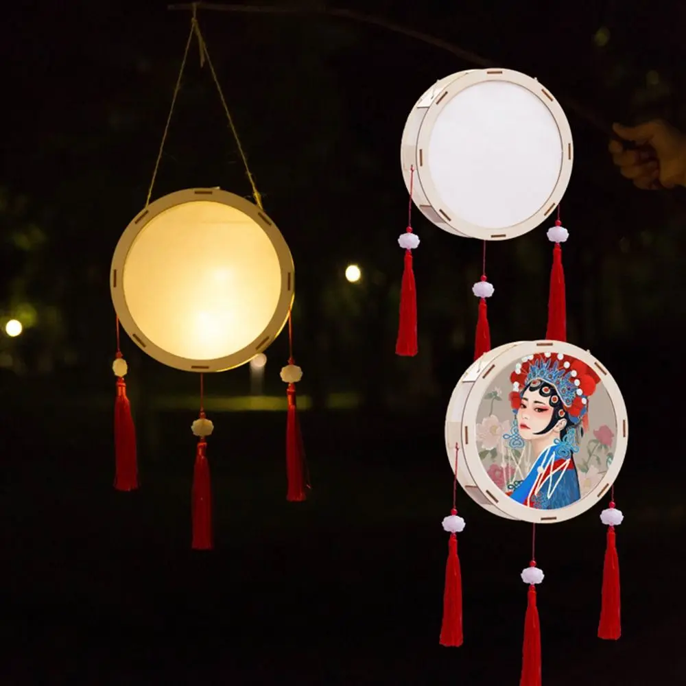 Retro Wooden Mid-Autumn Festival Lantern Creative Chinese Style Handmade Hanging Lamp Glowing Drawing Art Lantern Festival