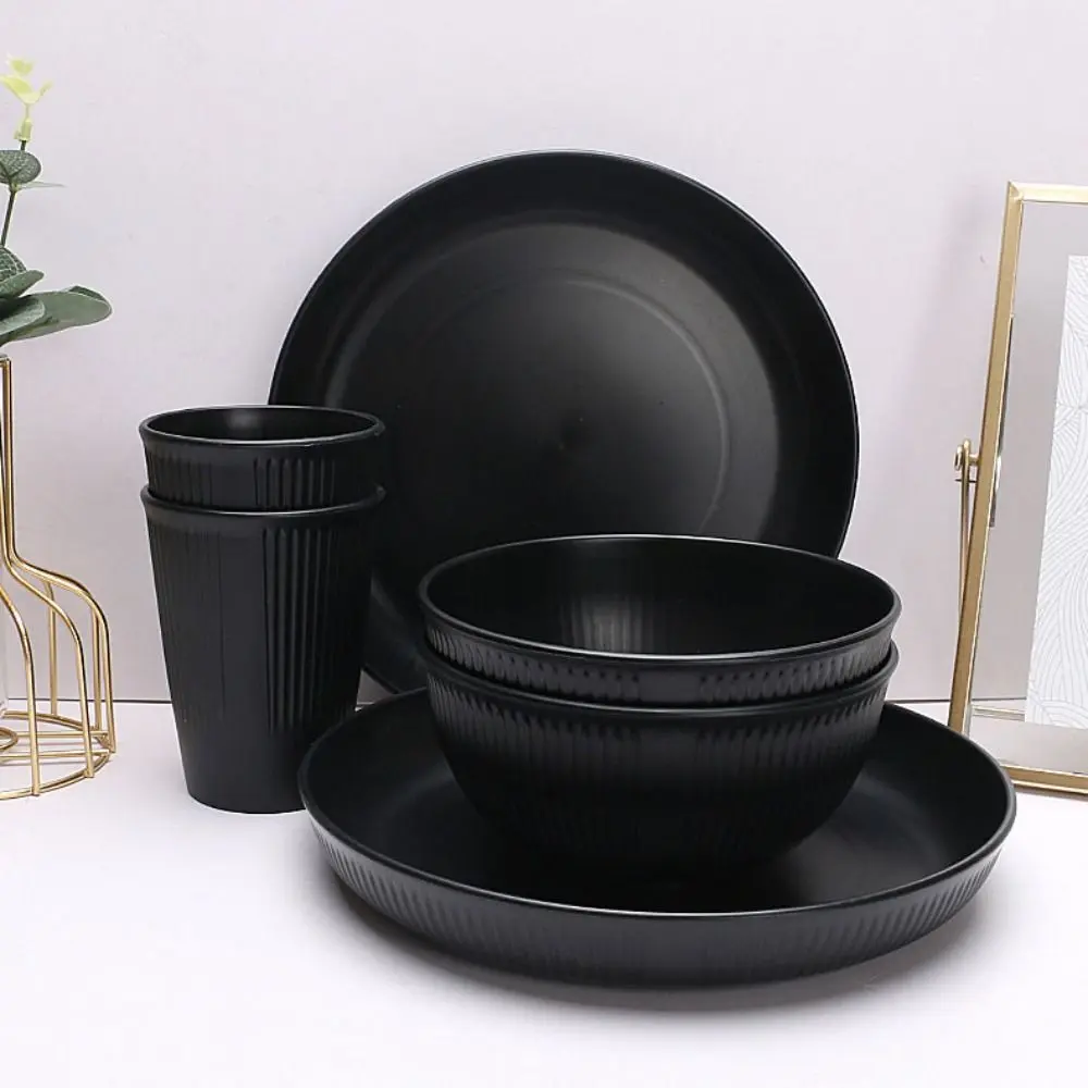 3pcs/set Eco-friendly Plastic Black Tableware Set Vertical Stripes Anti-fall Cutlery Set Plate/Bowl/Cup Party
