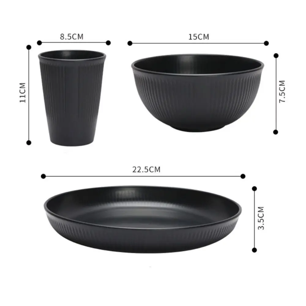 3pcs/set Eco-friendly Plastic Black Tableware Set Vertical Stripes Anti-fall Cutlery Set Plate/Bowl/Cup Party