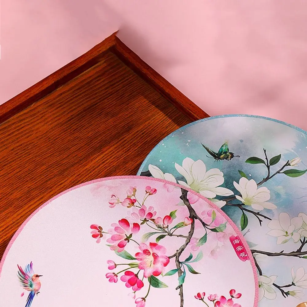 Chinese Style Round Hand Fan Ancient Long Handle Dance Silk Fan Ink Painting with Tassel Embroidery Fan for Wedding
