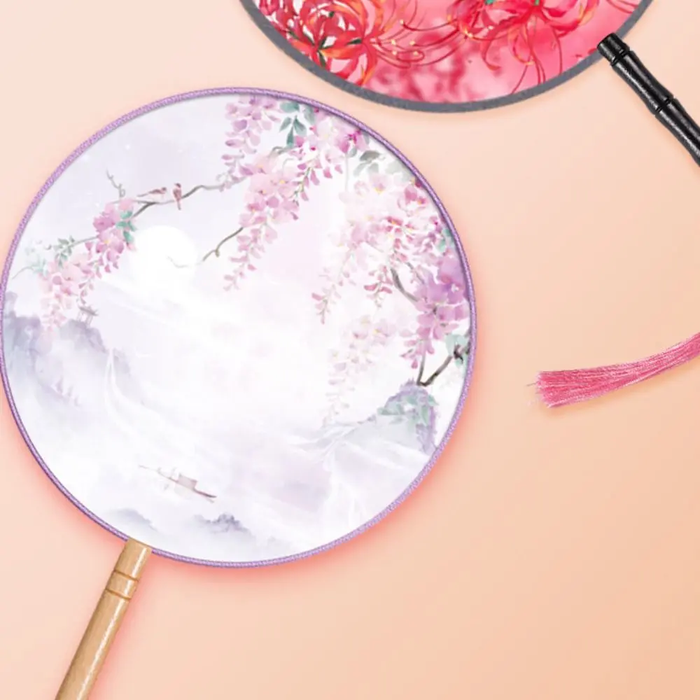 Chinese Style Round Hand Fan Ancient Long Handle Dance Silk Fan Ink Painting with Tassel Embroidery Fan for Wedding