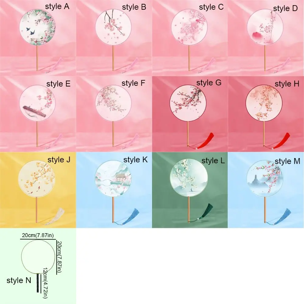 Chinese Style Round Hand Fan Ancient Long Handle Dance Silk Fan Ink Painting with Tassel Embroidery Fan for Wedding