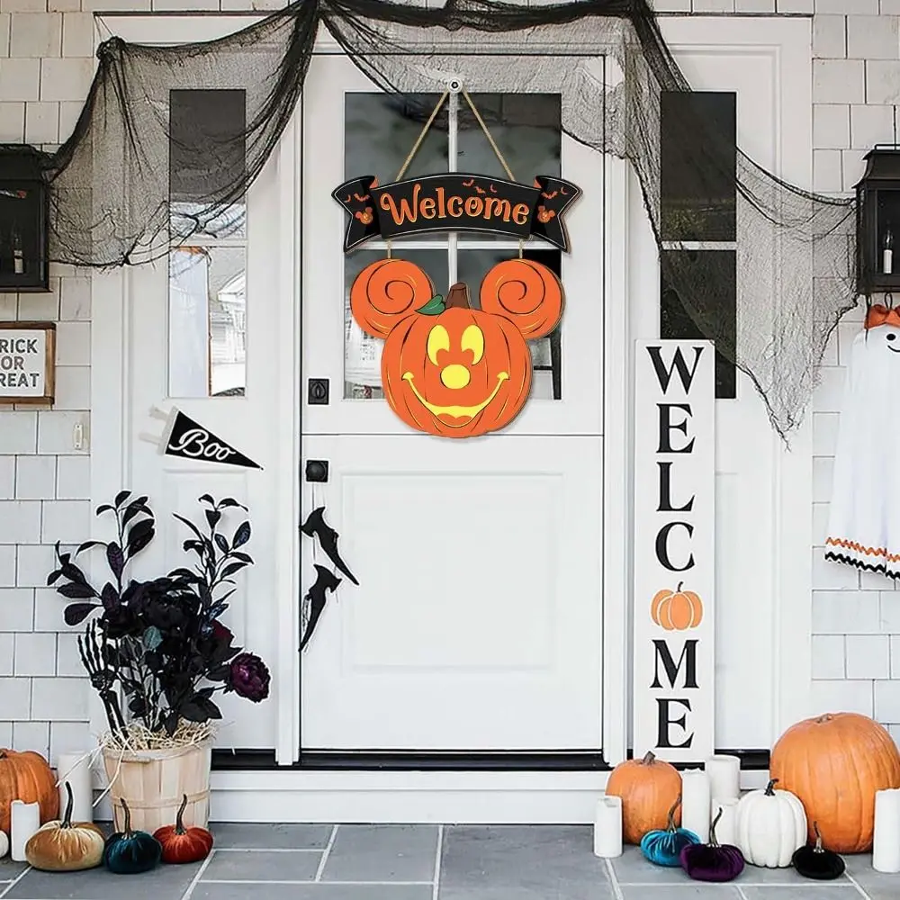 Cartoon Mouse Pumpkin Welcome Doorplate No Deformation No Fading Wooden Pumpkin Hanging Sign Mouse Head Halloween Pendant Wall