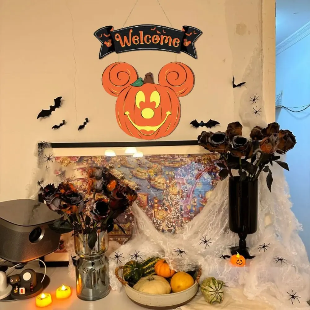 Cartoon Mouse Pumpkin Welcome Doorplate No Deformation No Fading Wooden Pumpkin Hanging Sign Mouse Head Halloween Pendant Wall