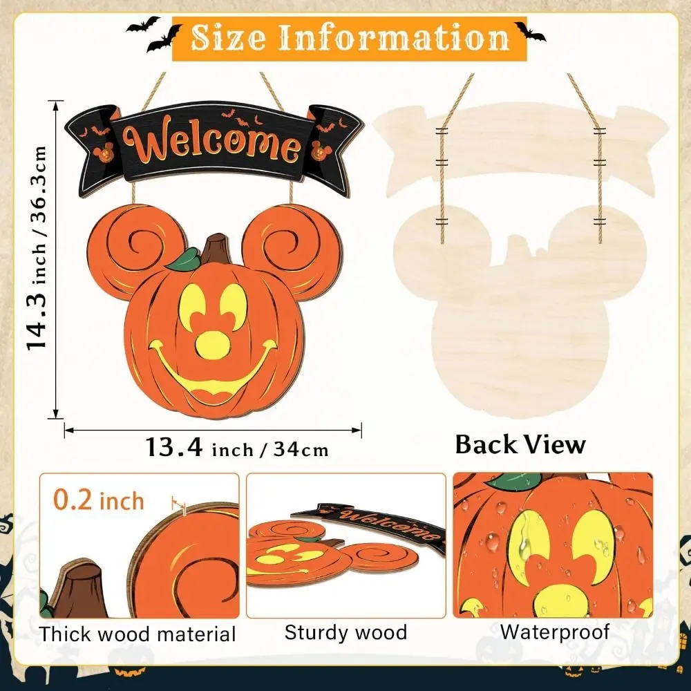 Cartoon Mouse Pumpkin Welcome Doorplate No Deformation No Fading Wooden Pumpkin Hanging Sign Mouse Head Halloween Pendant Wall