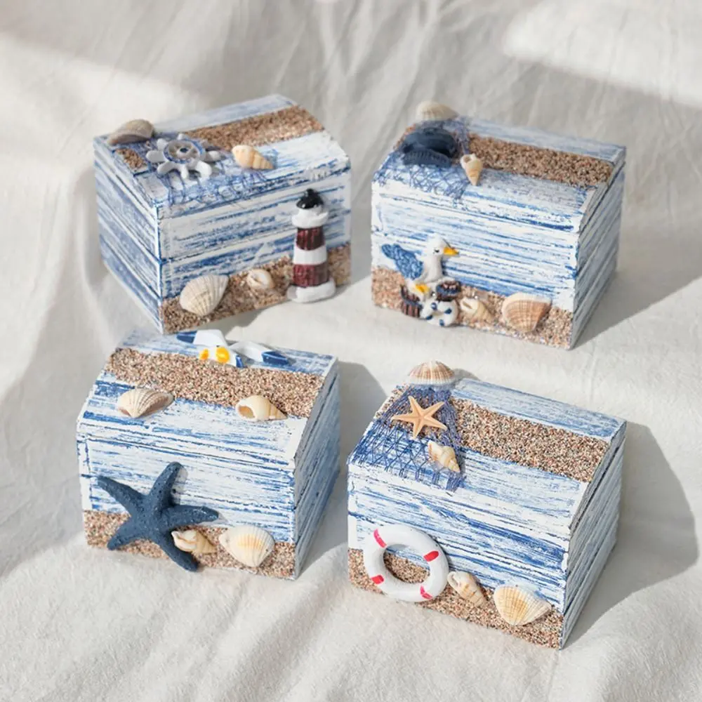 Ocean Style Seashells Wooden Box Density Board Small Beach Box Ornaments Decorative Jewelry Storage Box Photo Props