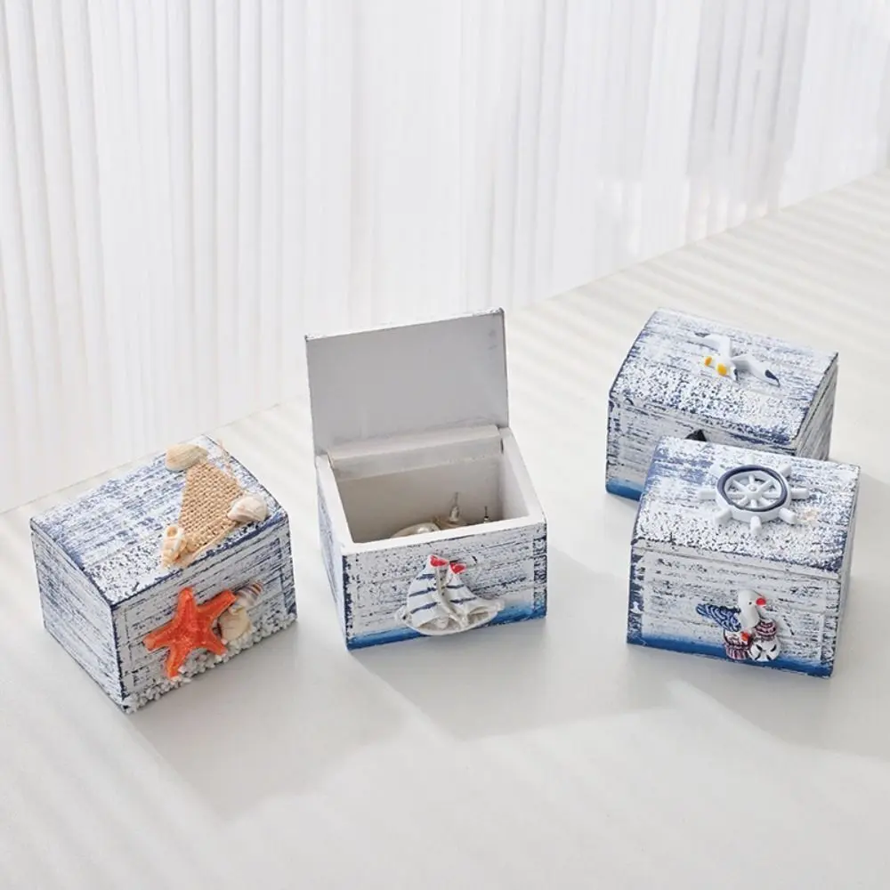 Ocean Style Seashells Wooden Box Density Board Small Beach Box Ornaments Decorative Jewelry Storage Box Photo Props