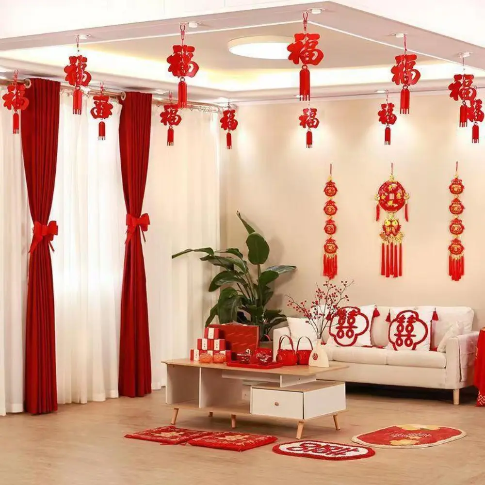 2cps Red Chinese Felt Lantern Non-woven Fabric Three-dimensional Chinese New Year Lantern Hanging Decoration