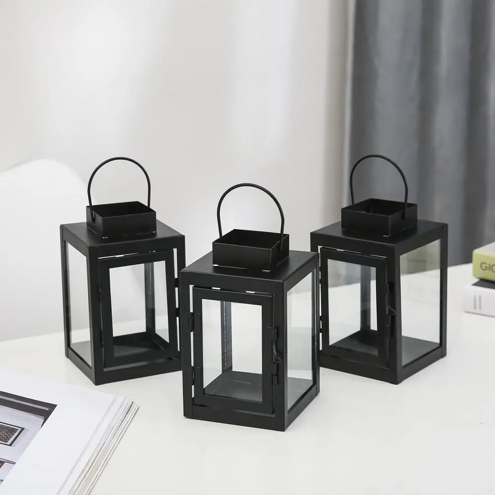 Simple Wind-proof Iron Wind Lamp Wrought Iron Black Lantern Candle Stand Handheld Outdoor Hanging Lantern Festival Gift