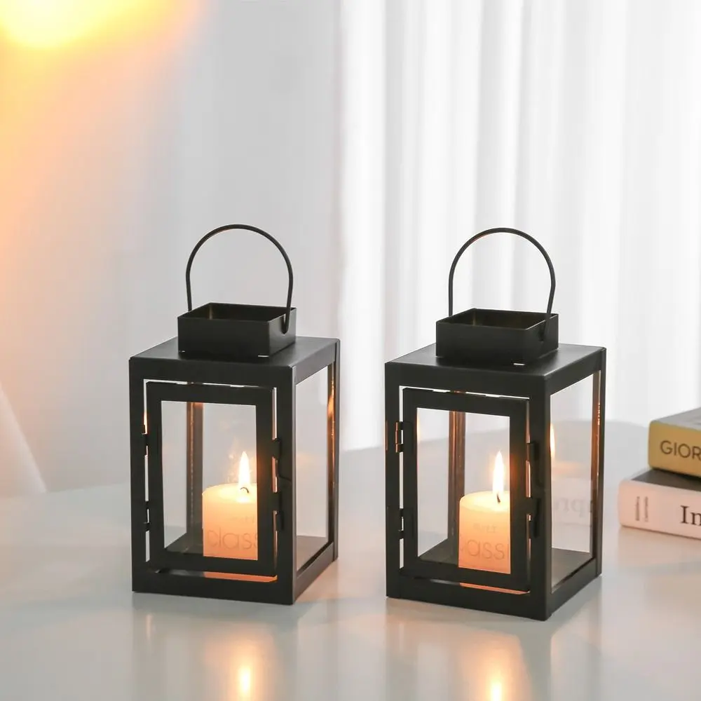 Simple Wind-proof Iron Wind Lamp Wrought Iron Black Lantern Candle Stand Handheld Outdoor Hanging Lantern Festival Gift