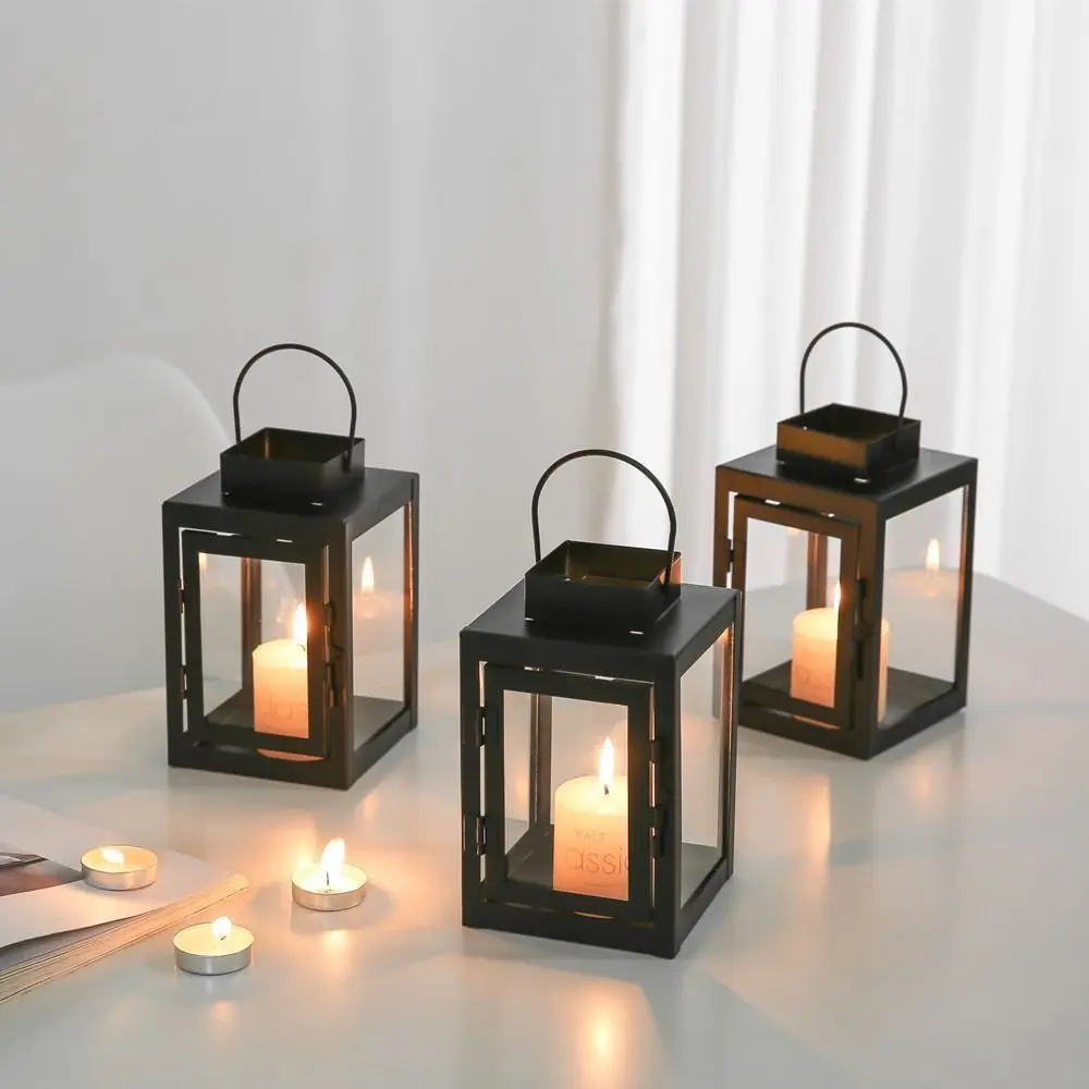 Simple Wind-proof Iron Wind Lamp Wrought Iron Black Lantern Candle Stand Handheld Outdoor Hanging Lantern Festival Gift