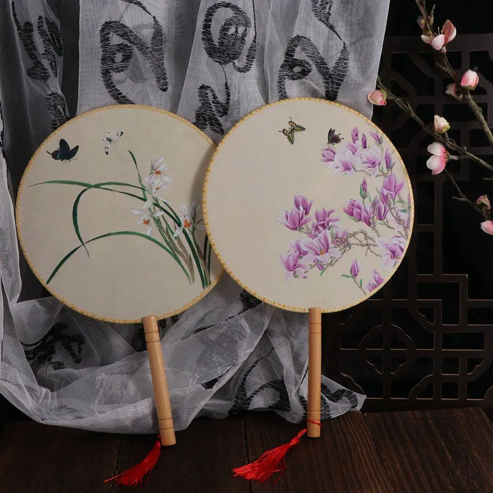 Classical Handheld Chinese Style Fan Floral Pattern with Tassels Pendant Tuan Fan Ancient Round Group Fan Home Decor