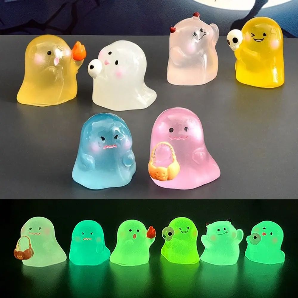 10Pcs Cartoon Mini Luminous Ghost Ornament Resin Crafts Light in The Dark Ghost Figurines Miniatures Cute DIY Ghost Statue