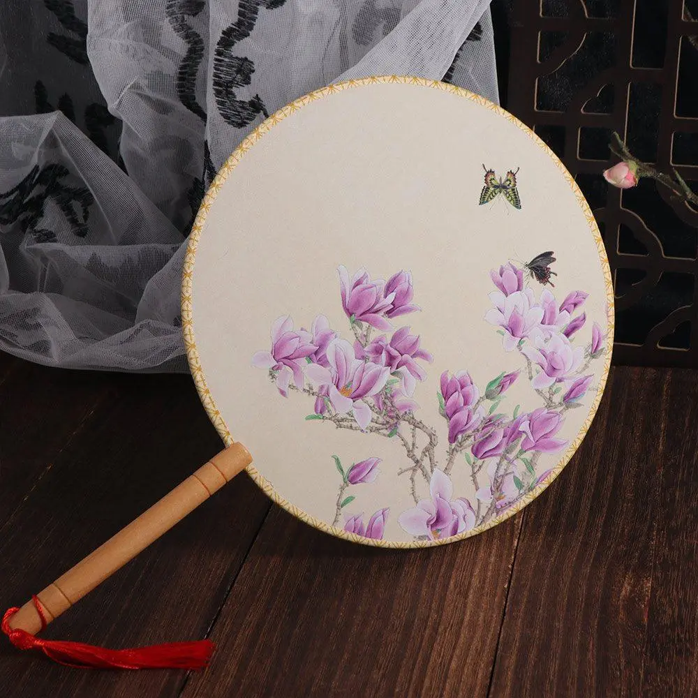 Classical Handheld Chinese Style Fan Floral Pattern with Tassels Pendant Tuan Fan Ancient Round Group Fan Home Decor