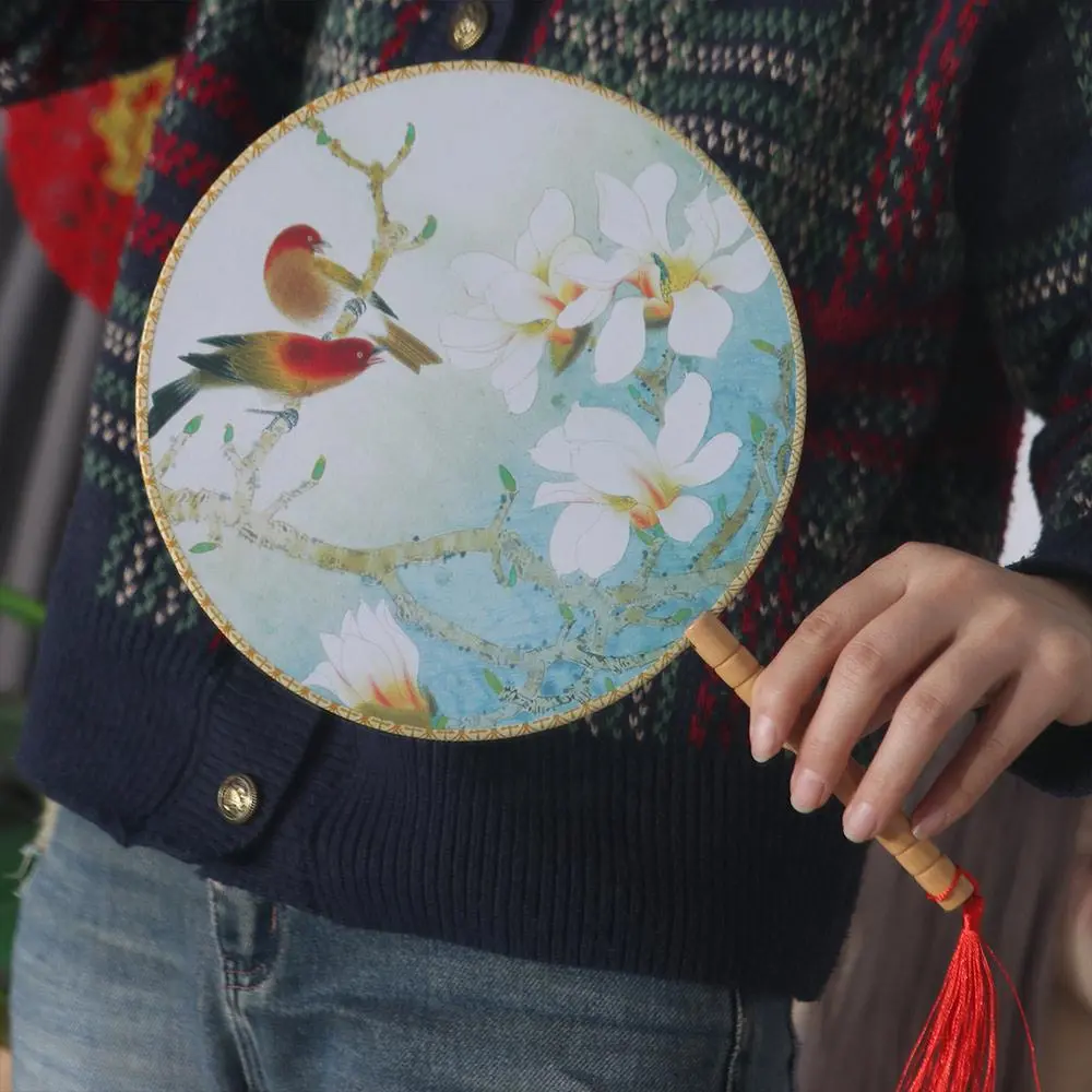Classical Handheld Chinese Style Fan Floral Pattern with Tassels Pendant Tuan Fan Ancient Round Group Fan Home Decor